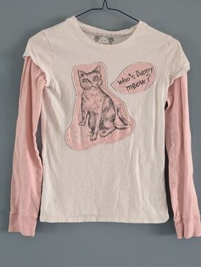 Girls White & Pink Long Sleeve Cat Graphic Tee XL 14-16